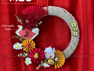 Vòng treo cửa Tết vải bố quạt xếp Mèo Thần Tài [2 Kiểu] ĐK 35cm VTC-T-48